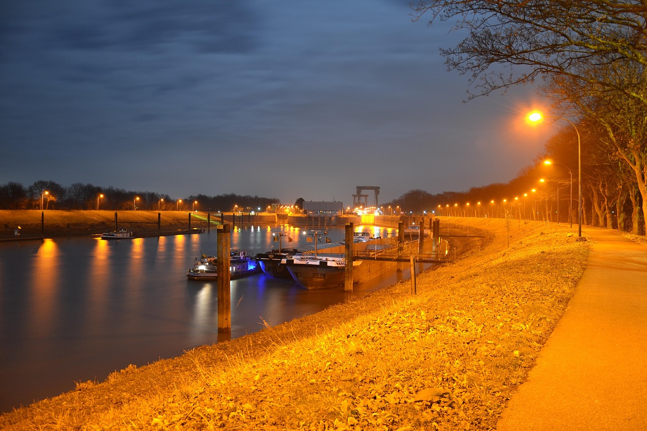 who-we-are night, path, long term, long term exposure, multicoloured, coloured, rhine, lock, side arm, port emmelsum, emmelsum, long shutter