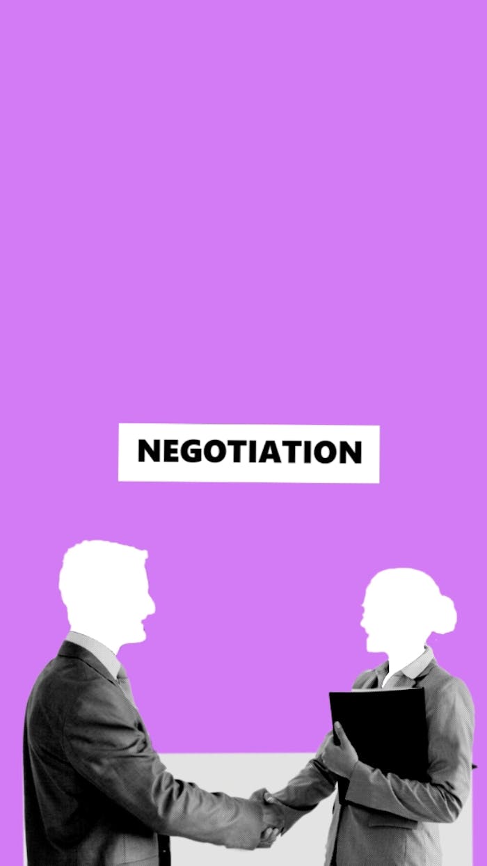 Business professionals shaking hands during negotiation on a bold purple background.